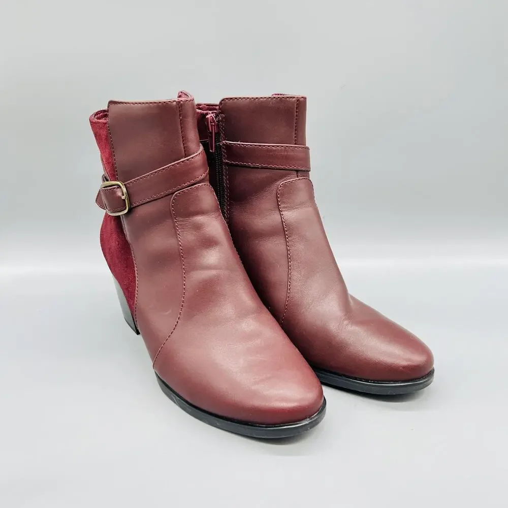 Aetrex Boots Womens 7.5 Red Leather Rebecca Ankle Buckle Zip Block Heel Booties